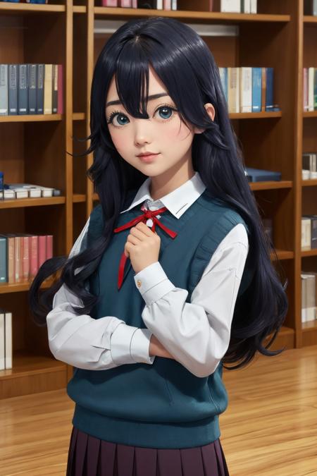 yoshimoto shizuka, 1girl, solo, long hair, closeup, looking at viewer, blush, blue eyes, skirt, shirt, black hair, hair between eyes, long sleeves, ribbon, sweater vest, very long hair, school uniform, standing, upper body, white shirt, red ribbon, neck ribbon, armband, ((petite)), (library), (standing), high quality, ultra high res, (best quality:0.8), 8k, uhd, dslr, soft lighting, high quality, <lora:YoshimotoShizuka-000004:0.8>