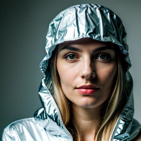 ((best quality)), ((masterpiece)), Portait of a woman wearing a conspiracy aluminium foil hat, realistic, canon d40