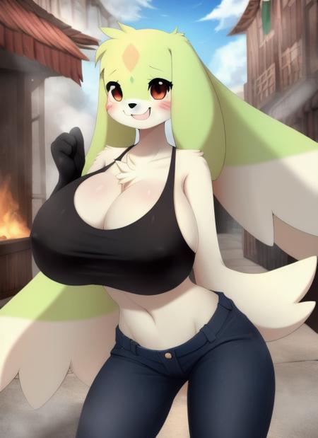 ((masterpiece,best quality)),best res,(large breasts:1.3),good anatomy,cute,(sexy:1.3),very cute face,hot,blushing,female,smiling,very detailed,4k,, ,sexy pose,happy,blushing,,full body,smiling,standing,,gargomon,female,tank top,pants,gloves,