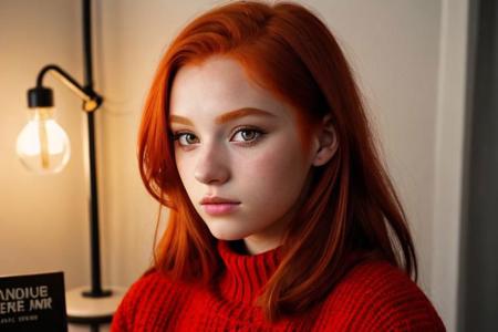 raw photo, (18yo redhead girl:1.2), makeup, graphic eyeliner, rouge, (choker:0.9), realistic skin texture, oversize knit sweater, (red:0.8), softcore, warm lighting, cosy atmosphere, instagram style