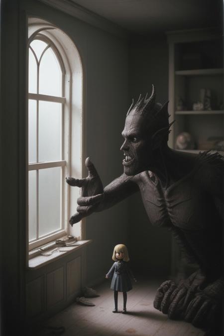 dark moody unsettling and surreal Kodachrome photograph, original character, hasselblad, indoors, giant horrifying demon hand reaching through doll house window, megalophobia, small world,