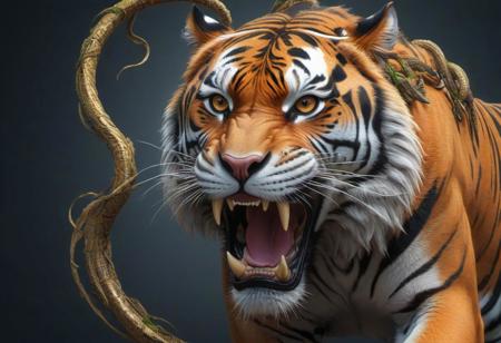 JuggernautNegative, <lora:xl_yamer_style-2.0:1>"Produce a stunning UHD 4K digital artwork featuring a majestic tiger with a snake wrapped around its neck. Create a vibrant and highly detailed art piece, utilizing rich colors and intricate details to portray the sacred and powerful presence of the tiger. Render the artwork in a highly detailed vector art style, emphasizing the interaction between the tiger and the snake, showcasing their contrasting yet harmonious relationship. Focus on striking details and bright colors to bring depth and intensity to this captivating 4K digital artwork."