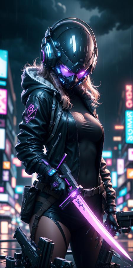 1girl,  solo,  holding,  jacket,  weapon,  outdoors,  sword,  holding weapon,  blurry,  black jacket,  gun,  night,  blurry background,  glowing,  helmet,  glowing eyes,  science fiction,  rain,  city,  city lights,  cyberpunk,  neon lights,<lora:EMS-273755-EMS:1.000000>