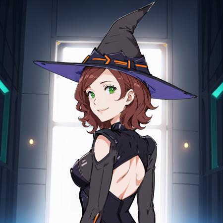 masterpiece,high quality,ultra high definition,solo,
<lora:Nii001:0.7>,looking at viewer,smile,
nii,1girl,
short hair,brown hair,green eyes,
witch hat,science fiction,
black leotard,clothing cutout,coat,
(looking_back:1.2),light shining,chapel,dark,