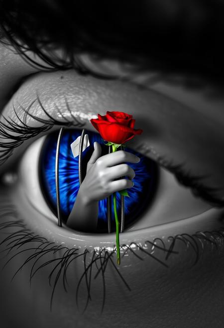 A close-up, hyper-realistic black-and-white image of an eye, where the iris is vividly colored in deep blue. At the center of the iris, delicate metal bars are visible, creating a sense of confinement. Emerging from within these bars is a realistic hand, intricately detailed, holding a red rose by the stem as if offering it to the viewer. The contrast between the monochrome eye and the vivid colors of the blue iris and red rose enhances the emotional intensity of the scene. The eye’s textures are meticulously rendered, capturing every fine line and reflection, while the hand and rose are depicted with ultra-high-definition precision, adding to the surreal and haunting effect of the composition.