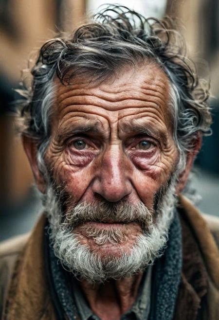 portrait of very old,(150 years old),poor,homeless,tired,man,toothless,open mouth,(intense stare:1.3),in a dirty alley,(headshot:1.2),(face focus:1.1),(facing the camera:1.2),head in the center,slight smile but sad,(facing straightforward:1.2),(forward facing:1.1),face,Head,Head focus,Head tilted down,bokeh,f1.4,40mm,photorealistic,raw,8k,skin pores,dried-up,textured skin,intricate details,dramatic light,award winning,style by Dan Winters,RAW photography,film grain,(indistinguishable from reality:1.4),photo taken with a Bolex H16, (detailed facial features:0.2), high quality, professional photo, 28mm, (intricate detail), ((incredibly detailed skin:0.38)), Surreal Harmony, cinematic, lighting, 8K, HDR10, analog,