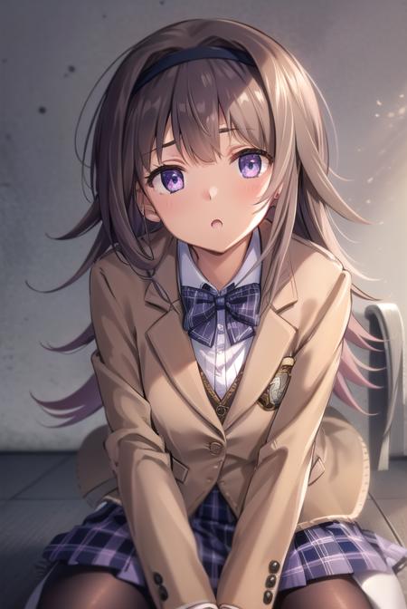 nanaminishijou, <lora:nanaminishijoutest:1>,
nanami nishijou, long hair, brown hair, (purple eyes:1.1), hairband, hair between eyes,
BREAK skirt, school uniform, jacket, plaid, black pantyhose, plaid skirt, blazer, (brown jacket:1.2), (brown blazer:1.2),
BREAK looking at viewer,
BREAK indoors, classroom,
BREAK <lora:GoodHands-vanilla:1>, (masterpiece:1.2), best quality, high resolution, unity 8k wallpaper, (illustration:0.8), (beautiful detailed eyes:1.6), extremely detailed face, perfect lighting, extremely detailed CG, (perfect hands, perfect anatomy),