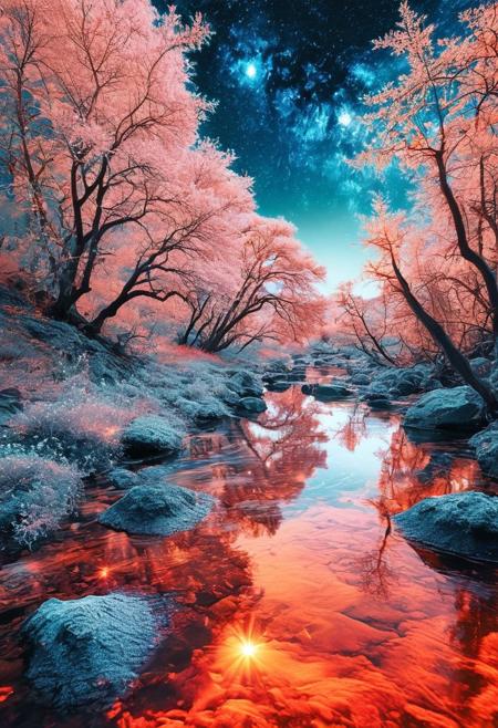 Starlight River: A mystical river flowing through a infrared landscape. The water shimmers with starlight, reflecting the Milky Way above. Strange, glowing plants line the riverbank