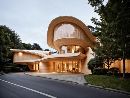 <lora:Arc_v5:0.5>, RAW photo, (curvy timber crafted corner house in the city center by Kengo Kuma), curvilinear, Tokyo city center, ((retro futurism style)), white sky, cinematic lighting, (diffused light:1), large cantilevers, fog, architecture photography, hyper realistic, super detailed, 8k, Nikon Z6 Mirrorless Camera, film grain