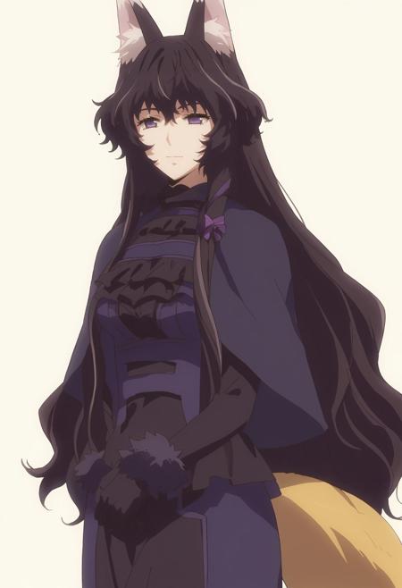 nureha, dress, black hair, fox ears, fox tail, fur trim, purple eyes dariella, hair over shoulder, capelet, long skirt, hat, green hair, yellow eyes