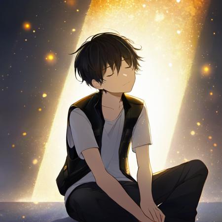 a young man sitting on the ground with his eyes closed and his arms resting on his lap. He is wearing a black shirt and a white vest, and his hair is dark and messy. The background of the image is a bright, glowing light that seems to be coming from behind the man. There are no other people or objects in the image, masterpiece, best quality, cinematic composition, best lighting, 1boy, solo, male focus, closed eyes, shirt, sitting, closed mouth, pants, vest, short sleeves, open clothes, short hair, jacket