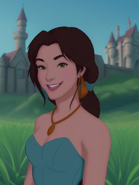 woman, in a field, smiling, looking at viewer, 4k, 8k, castle behind her,  disney style<lora:DisneyRen:1>