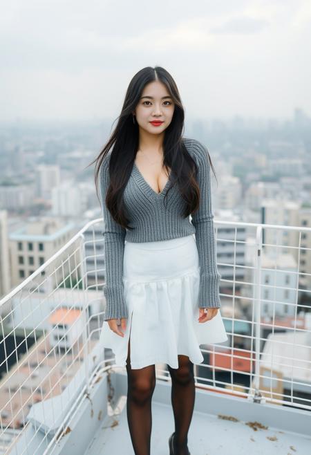 My Taiwanese girlfriend with long straight black hair is wearing a gray deep V-neck knitted wool long-sleeved navel-baring T-shirt, a white skirt, black stockings, and black high-heeled open-toed sandals. She is on the roof of a spacious high-rise building with a white wire fence.
FHD, Rich in details, masterpiece.