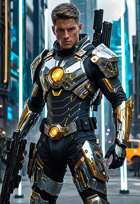 score_9, score_8_up, score_7_up,Transistors,
masterpiece, best quality, Ultra-HD, 8K cinematic, dynamic medium shot, a **mature young adult male warrior (strong physique, alert gaze)**, wearing a **complete outfit design with layered clothing, no nudity/no exposure, covered body, a tactical suit with integrated silver armor plates**. He expertly aims a **sleek, transparent crystal-bladed rifle, its scope projecting a vibrant golden holographic circuit pattern as a targeting reticle, subtly overlaid with real-time silver enemy data**, against a backdrop of **(Background: a futuristic urban battlefield with distant glowing structures)**, sharp focus on the figure, weapon, and holographic display, very aesthetic, new aesthetic, tech-infused mystical, visionary fantasy.