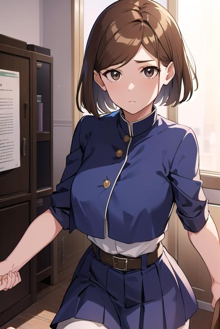 nobarakugisaki, <lyco:nobarakugisaki-LYCORIStest:1>,
nobara kugisaki, bob cut, (brown eyes:1.5), brown hair, lips, short hair,
BREAK belt, brown belt, brown pantyhose, crop top, crop top overhang, jujutsu tech uniform, pantyhose, pleated skirt, shirt tucked in, skirt, blue skirt, blue crop top,
BREAK looking at viewer,
BREAK indoors, classroom,
BREAK <lora:GoodHands-vanilla:1>, (masterpiece:1.2), best quality, high resolution, unity 8k wallpaper, (illustration:0.8), (beautiful detailed eyes:1.6), extremely detailed face, perfect lighting, extremely detailed CG, (perfect hands, perfect anatomy),