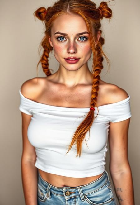 A professional photograph of a sensual and playful 25-year-old woman with fair skin, freckles, piercing blue eyes, and a cascade of red hair styled in long, playful pigtails. She wears natural, barely-there makeup and a casual, yet sexy outfit - a white, off-the-shoulder crop top that highlights her collarbones and a pair of high-waisted, light-wash jeans that accentuate her figure. The image is captured in perfect lighting and with meticulous attention to detail, showcasing her beauty and youthful energy in a realistic and captivating manner. The photographer has skillfully captured a moment of unbridled sensuality and playful allure, emphasizing her feminine curves and inviting gaze.