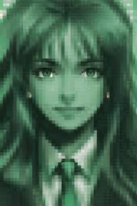 best quality, <lora:mgscodec:0.8> mgscodec, green theme, portrait, monochrome, 1girl, long hair, smile, suit, necktie, closed mouth, solo, looking at viewer