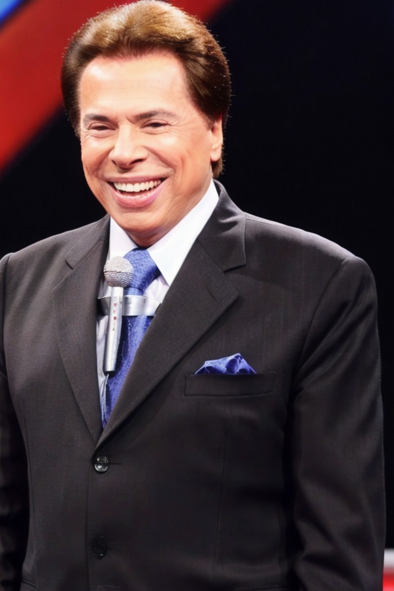 Photo of s1lv1o54nt0s man, smiling, in a tv show, 90s analog tv image style, black suit