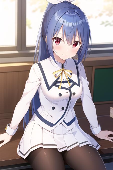 masterpiece, best quality,1girl,solo,ellis fahrengart,blue hair,long hair,ponytail,red eyes, white hair ribbon,school uniform,white shirt,white vest,buttons,frills,yellow neck ribbon,sleeve cuffs,white miniskirt,pleated skirt,(black pantyhose),<lora:EllisFahrengart:0.8>,sitting