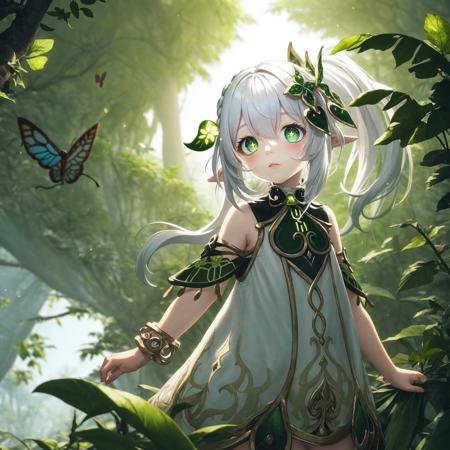 detailed illustration,  kusanali,small  kid, white hair,white  dress, hair ornament, symbol-shaped pupils, jungle, butterfly <lora:nahida12:0.9>