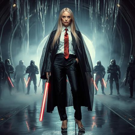 slender arrogant cold russian blonde lady wearing rich black glossy satin business trouser suite with lace inserts, small size opulent glossy high heels, white shirt, red silk tie, jewels, elegant small light saber,  standing  covered with giant ultrathin transparent glossy slime veils, giant portal to outer space, fog from the floor, empire spaceship hangar, surrounded by halo odst troopers, fashion look, hollywood, vogue makeup, porcelain skin, long haired, ultrathin waisym reminiscent of H.R. Giger, Zdzisław Beksinski, and Ash Thorp's dark, sleek styles, with close-up glamour photography, glossy satin and silver heels glistening, fleshy slime dripping, and dark shadows.