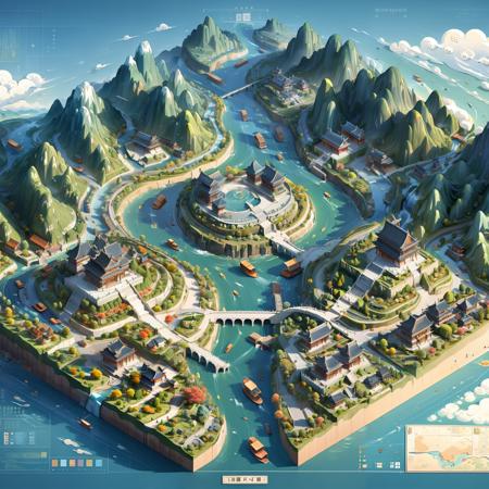 masterpiece, best quality, <lora:minimap:1>,hand,minimap, water, tree, river, rock, mountain, watercraft, house, waterfall, bridge, fantasy, forest, boat, grass, building, lake, landscape, road