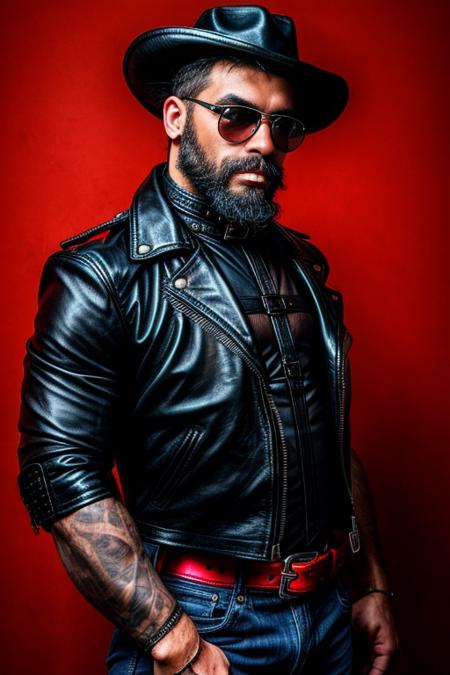 best quality, vivid colors, high contrast photo of a man with a beard wearing a leather biker hat and leather harness   <lora:HairyAlpha:1> hairyalpha <lora:more_details:.8>