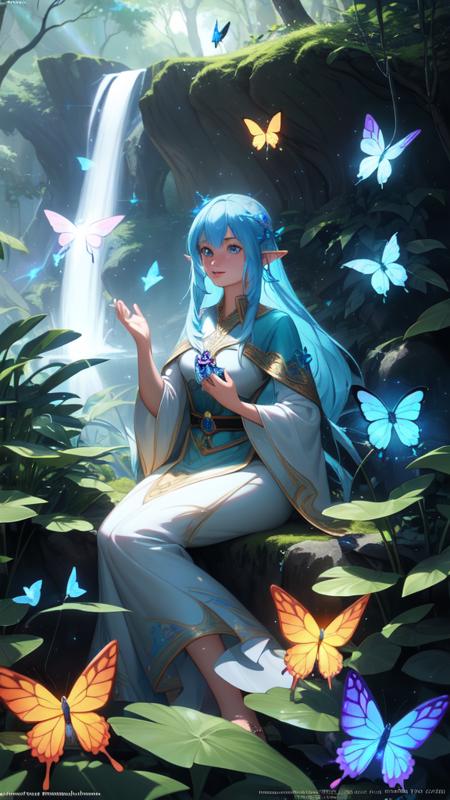 A detailed digital art of a mystical elf with freckles and long, luminescent blue hair floating in mid-air, surrounded by sparkling rainbow butterflies, in a tranquil forest with a cascading waterfall, intricate details, trending on ArtStation, 4k resolution, Unreal Engine 5, award-winning