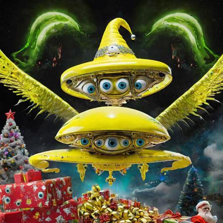 seraphins, mystical creature with hundreds of eyes and wings, roswell alien with yellow christmas hat, delivering presents with santa riding a ufo sleigh, intricate complexity, surreal horror, inverted neon yellow drip paint, photoreal