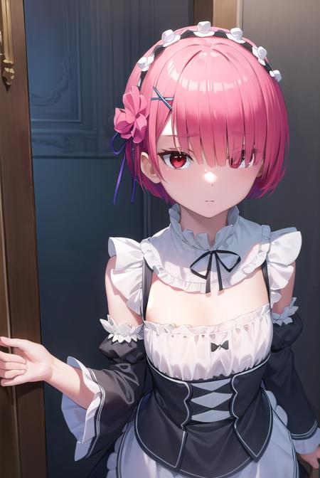 rezeroram, <lora:rezeroram-lora-nochekaiser:1>, 
ram, hair flower, hair ornament, hair over one eye, pink hair, (red eyes:1.5), short hair, x hair ornament, bangs, blunt bangs, (flat chest:1.2),
BREAK apron, black bow, black dress, black ribbon, bow, detached sleeves, dress, frilled apron, frilled sleeves, frills, juliet sleeves, long sleeves, maid, neck ribbon, puffy sleeves, ribbon, roswaal mansion maid uniform, thighhighs, two-tone dress, waist apron, white bow, white dress, white thighhighs,
BREAK indoors, mansion,
BREAK looking at viewer, (cowboy shot:1.5),
BREAK <lyco:GoodHands-beta2:1>, (masterpiece:1.2), best quality, high resolution, unity 8k wallpaper, (illustration:0.8), (beautiful detailed eyes:1.6), extremely detailed face, perfect lighting, extremely detailed CG, (perfect hands, perfect anatomy),