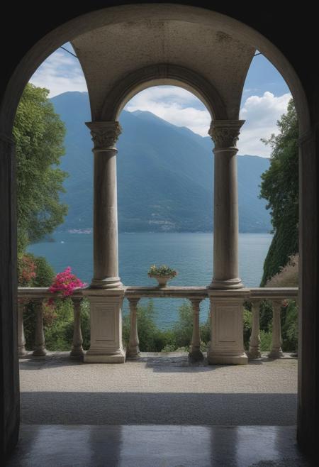 A view of Lake Como from an old Italian villa with columns and arches, flowers in white on each side of the arched doorways, the dramatic and cloudy sky with sun rays shining through, mountains visible across the water,