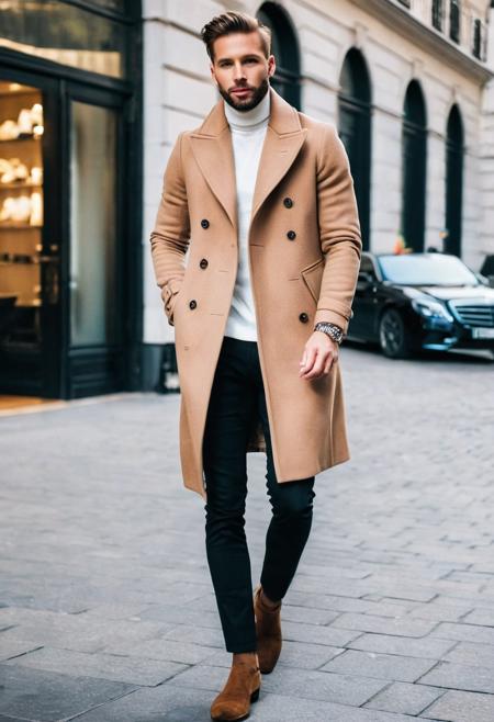 street style photo, full body, beautiful man, 30 years old,  Classic Fashion, luxurious outfit, coat