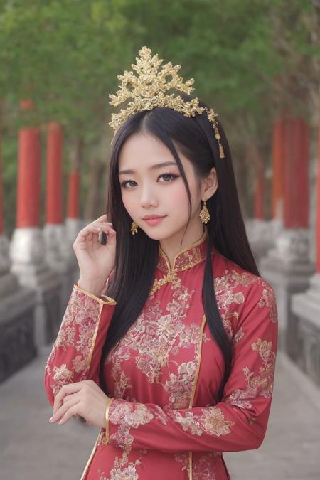 1girl,masterpiece,best quality,ao dai,head ornament,shiny oild skin,deep slit dress,long sleeve,outdoor,upper body,queen,Vietnam palace,temple,
<lora:Ao_dai_dong_Lao:0.4>  <lora:erika:0.3>