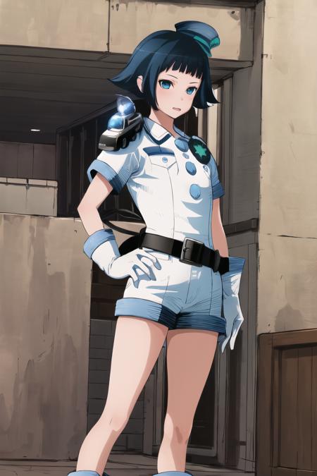 masterpiece, best quality, ultra-detailed, 1girl, white shirt, uniform, 3 blue buttons, police hat, police light bar, white gloves, police star, black belt, white shorts, white boots