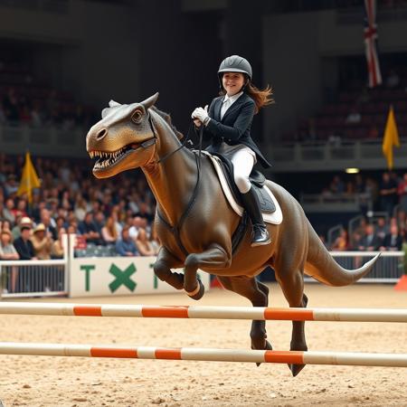 Create a realistic photo of  girl in a riding suit competing in a show jumping competition. Instead of a horse, she will be riding a friendly dinosaur, who is jumping a fence. The atmosphere should convey the spirit of a sporting competition: many spectators, bright flags, judges in the stands. The girl’s face should show determination and joy, and the dinosaur should look strong and graceful. Include details that highlight the uniqueness of the scene, such as specialized riding accessories and arena decoration that creates the feeling of an exciting and unusual competition.