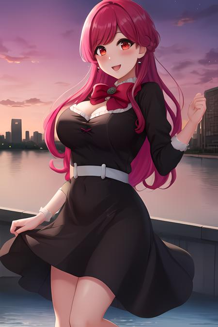 masterpiece, best quality, 1girl, solo, long hair, breasts, red eyes, bow, pink hair, city, evening, lake, cleavage, <lora:meninas-000005:1>, upskirt, smile, blush, open mouth, long black dress