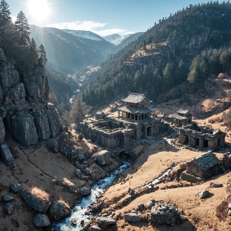 An epic, cinematic image of a dramatic deep valley cutting through soaring hills, pine trees growing on its slopes with a cold stream tumbling over grey rocks. A stone temple, ancient and ruined, with a few dilapidated huts spread around it, can be seen at the far end of the valley. A winter sun high in the pale blue sky