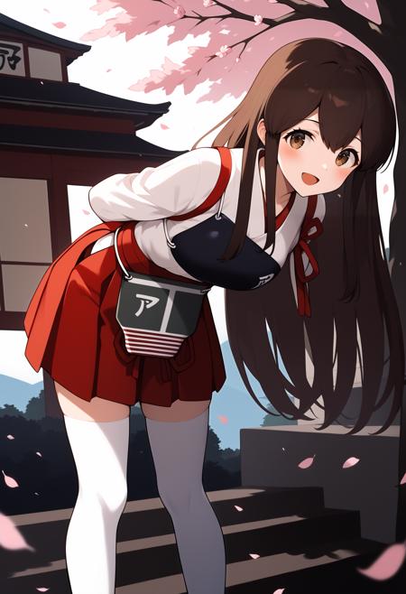 aaakagi, long hair, brown hair, brown eyes, japanese clothes, muneate, tasuki, hakama skirt, red hakama, white thighhighs aaakagi, long hair, brown hair, brown eyes, black serafuku, black sailor collar, white neckerchief, black shirt, name tag, short sleeves, pleated skirt, black skirt