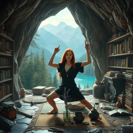 Surreal and imaginative digital artwork featuring a witches home set within a cave. The cave walls are lined with shelves filled with magical paraphernalia and books creating a magical atmosphere. The cave opening reveals a stunning view of forests mountains and lakes. In the centre of the scene, a woman with light skin and long copper hair, she has Asian features and is wearing a short black tunic, is exercising on a mat, her eyes alert. In front of her, there are various items including a pot with lavender, a small cauldron, and a few stones. The overall ambiance is mystical and tranquil with a gothic edge