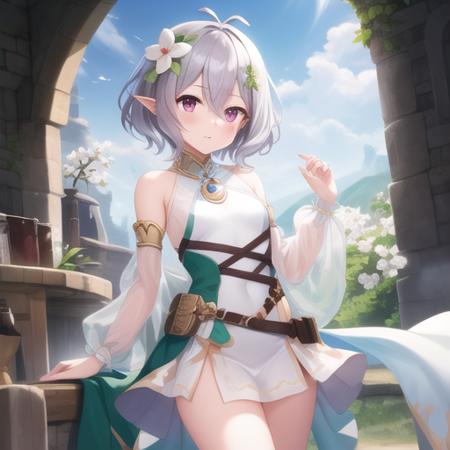 (masterpiece, best quality:1.2),illustration,8k,hd,1girl,solo,cowboy shot,kokkoro (princess connect!),petite,pointy ears,hair ornament,elf,hair flower,flower,short hair,grey hair,hair between eyes,antenna hair,looking at viewer,detached sleeves,dress,sandals,see-through,purple eyes,see-through sleeves,pink eyes,white flower,<lora:Kokkoro(pri)>,