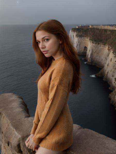 gritty raw street photography, 21 year old woman, (Chestnut hair, long one side up), Sweater, sailor dress, looking at the viewer,  at streets of ((Moonlit Castle on a Cliff's Edge)), (hyperrealism:1.2), (8K UHD:1.2),  Leica T, fill lighting, <lora:detailed skin_:1>