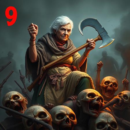 score_9, score_8_up, score_7_up, a 89 years old woman white short hair with apron and shawl big knitting needles on belt holding an axe fighting with zombies on top of a pile of defeated dead zombies