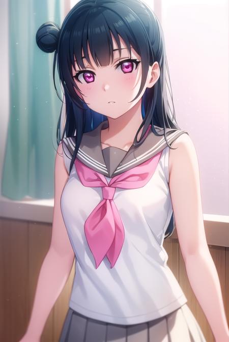 yoshikotsushima, <lora:yoshiko tsushima s2-lora-nochekaiser:1>,
yoshiko tsushima, long hair, bangs, blue hair, (pink eyes:1.3), hair bun, single hair bun, single side bun,
BREAK shirt, school uniform, white shirt, serafuku, neckerchief, uranohoshi school uniform, (orange neckerchief:1.2), sleeveless, skirt, pleated skirt, grey skirt,
BREAK indoors, classroom,
BREAK looking at viewer, (cowboy shot:1.5),
BREAK <lyco:GoodHands-beta2:1>, (masterpiece:1.2), best quality, high resolution, unity 8k wallpaper, (illustration:0.8), (beautiful detailed eyes:1.6), extremely detailed face, perfect lighting, extremely detailed CG, (perfect hands, perfect anatomy),