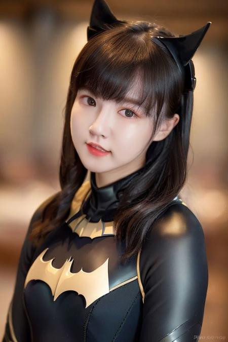 best quality, masterpiece, 8k, raw color protrait photo of upper body, face focus, photorealistic, 25yo girl <lora:fansisi2:0.9>, batman suit, long hair