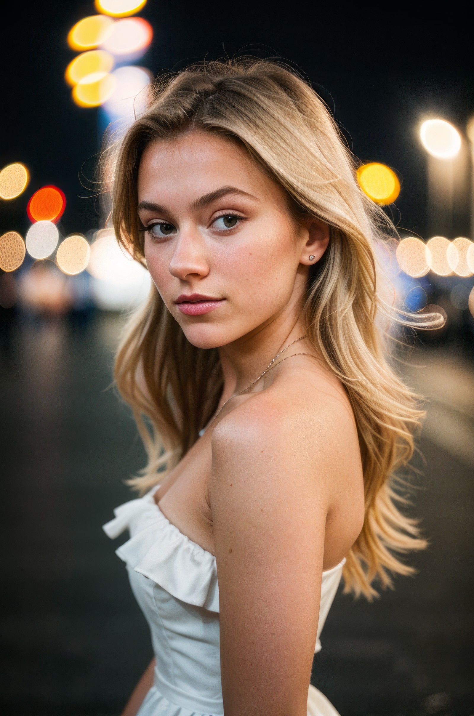 instagram photo, closeup face photo of  a young dutch woman in dress, CySterre_V1, beautiful face, makeup, night city stre...