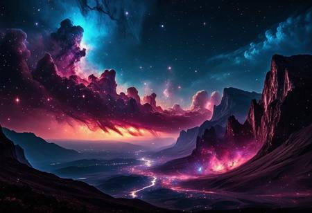 Cliff, mountains , night sky, nebula glow inside shadow, vibrant star clusters, dramatic clouds, high contrast, cinematic depth, 8k detail, photorealistic,