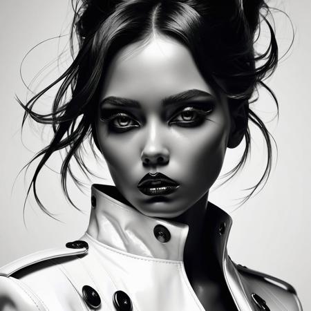 A striking, high-contrast black-and-white portrait of a young woman with an intense and captivating gaze. The composition blends realism with artistic abstraction, featuring dynamic brushstroke effects, accentuating the dramatic and bold makeup. Her slightly tousled hair frames her face, with loose strands adding to the raw and edgy aesthetic. She wears a sleek, high-collared jacket with visible stitching and metallic button details, contributing to the contemporary and avant-garde vibe. The lighting enhances her glossy lips and sharply defined features, while sketch-like textures and shading create depth and visual interest. This image embodies a fusion of fashion, art, and high-impact editorial design.