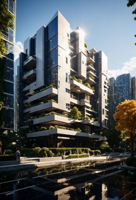 (((Modern style architecture, housing, luxury residence))),
outdoors, sky, tree, blue sky, no humans, ground vehicle, building, scenery, reflection, city, cityscape, bare tree, skyscraper, real world location,
(Large Files, Ultra Realistic, 8K, 16k, FHD, HD, VFX, Perfect, Photography, composition, Architecture Sales Photography, Architecture Competition, Ultra High Resolution, Cinematography, High Resolution Image:1.1), (dramatic lighting, direct sunlight, ray tracing, clear shadow:1.2), (real landscape:1.1), (blurred background:1.0), (urban background, more_details)  
(avant-garde, future, reality, science fiction, photorealistic), (modern architecture:1.2), White limestone with black granite, fountain, waterfall, landmark, square, path, narrow street,
(Large Files, Ultra Realistic, 8K, 16k, FHD, HD, VFX, Perfect, Photography, composition, Architecture Sales Photography, Architecture Competition, Ultra High Resolution, Cinematography, High Resolution Image:1.1), (dramatic lighting, direct sunlight, ray tracing, clear shadow:1.2),  (real landscape:1.1), (blurred background:1.0), (urban background, more_details) ,
great lighting, extremely detailed, clear, SteamPunk, futuresurban