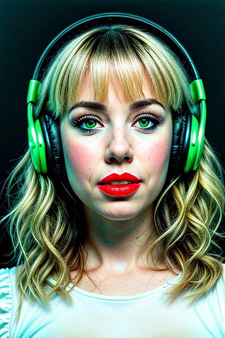 masterpiece, best quality, oil painting \(medium\), real, solo, 1girl, blonde hair, headphones, hair curls, black background, sound waves, green neon, white dress, musical note, red lipstick, medium hair, ringlets, green theme, hand on headphones, frills, puffy sleeves, short sleeves, red neon background, face close up,up view,