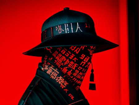 a person wearing a hat with writing on it, fractal cyborg ninja background, behance favourite, cgi 8k, dark ominous clothing, wearing ancient chinese clothes, rendered in cgi, anonymous mask, fashion clothing, benevolent android necromancer, death + robots series of netflix, <lora:abstractor_yiu_v10:0.8>